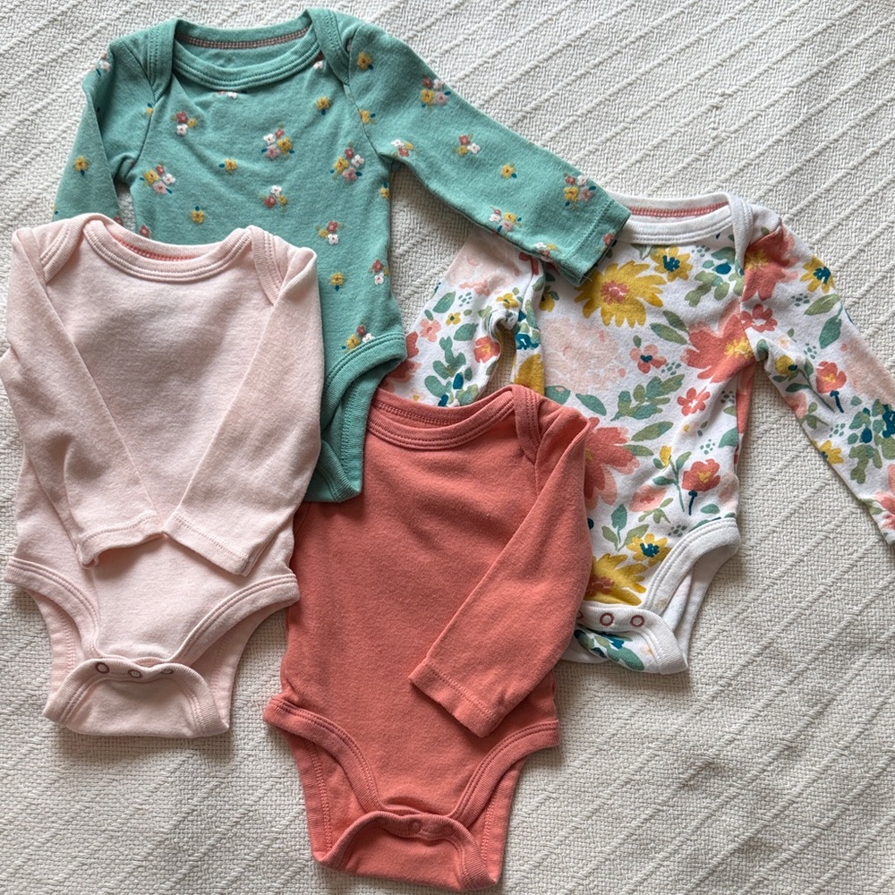 Cloud Island Floral and Solid Bodysuit Set - Pink, Teal, Coral